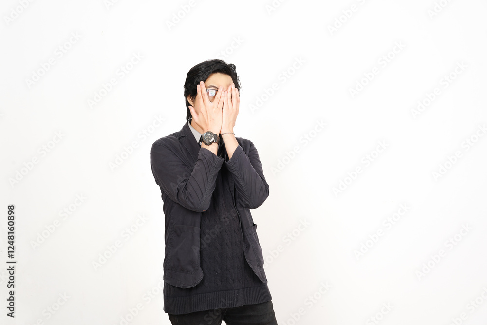 Fear and Covering face with hands Of Handsome Asian Man Isolated On White Background Fear and Covering face with hands Of Handsome Asian Man Isolated On White Background