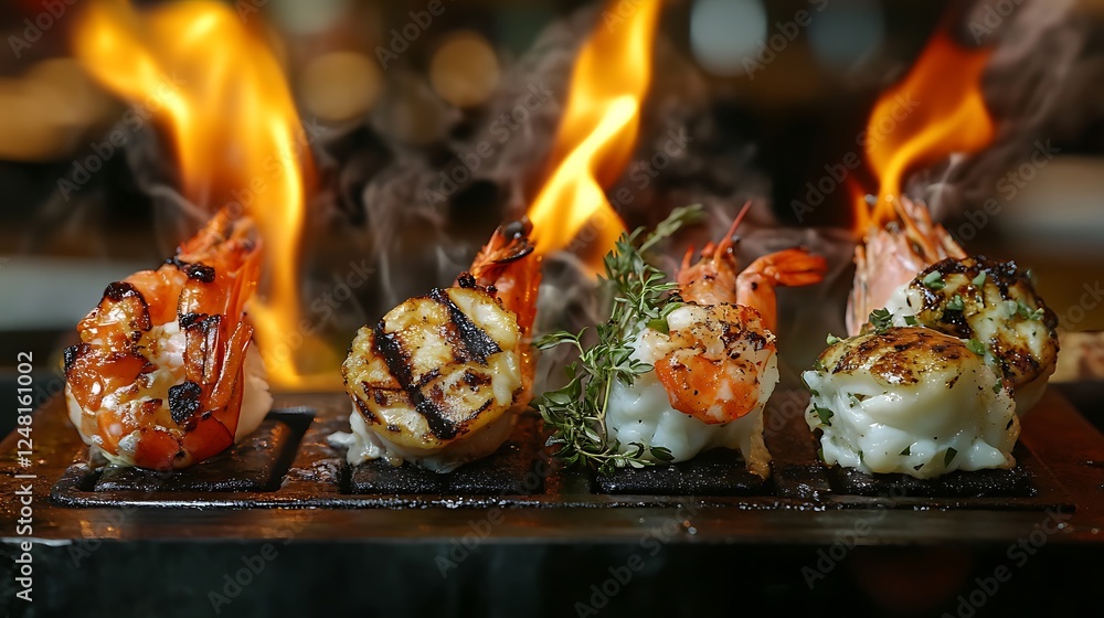 Four hot freshly grilled seafood on torches
