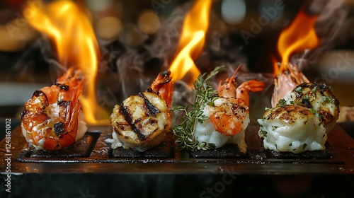 Four hot freshly grilled seafood on torches