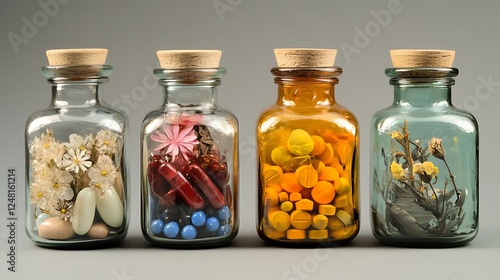 Obraz na płótnie Four topical medicine jars with variously colored contents w salonie