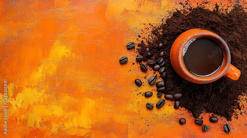 Framed over a vibrant backdrop are an orange clay cup coffee grounds and spilled fluid java