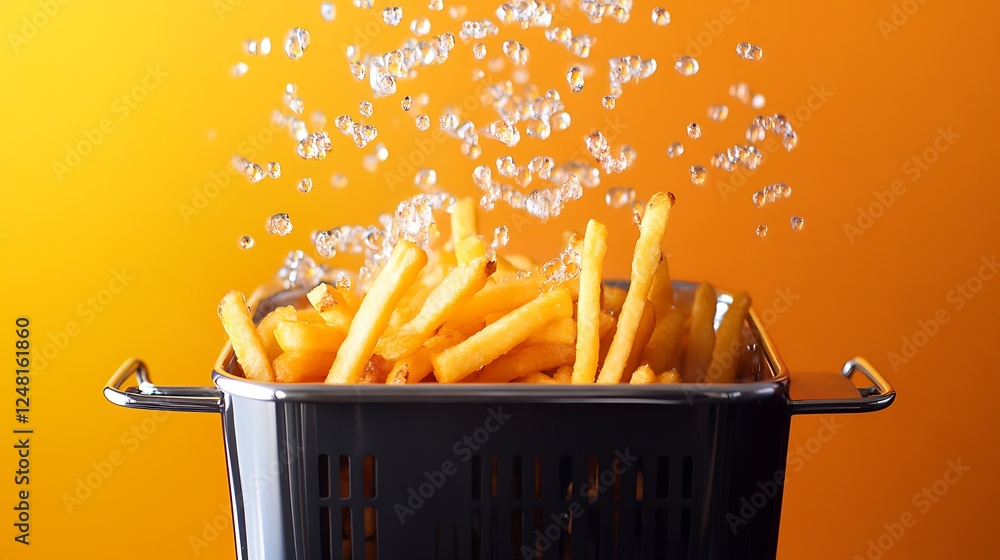 French fries cooking in deep fryer on electric stove isolated on a colorful background