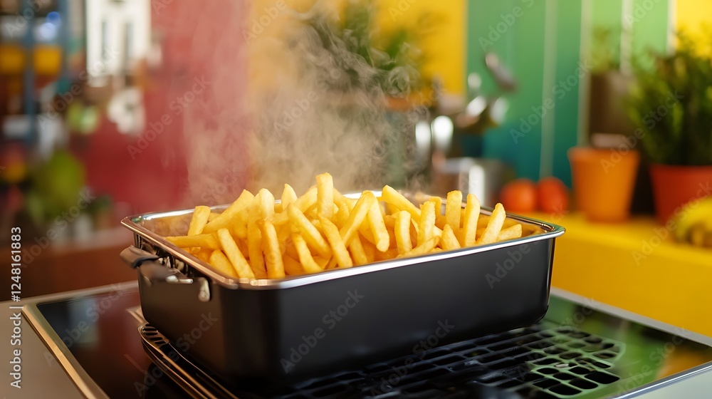 French fries cooking in deep fryer on electric stove isolated on a colorful background