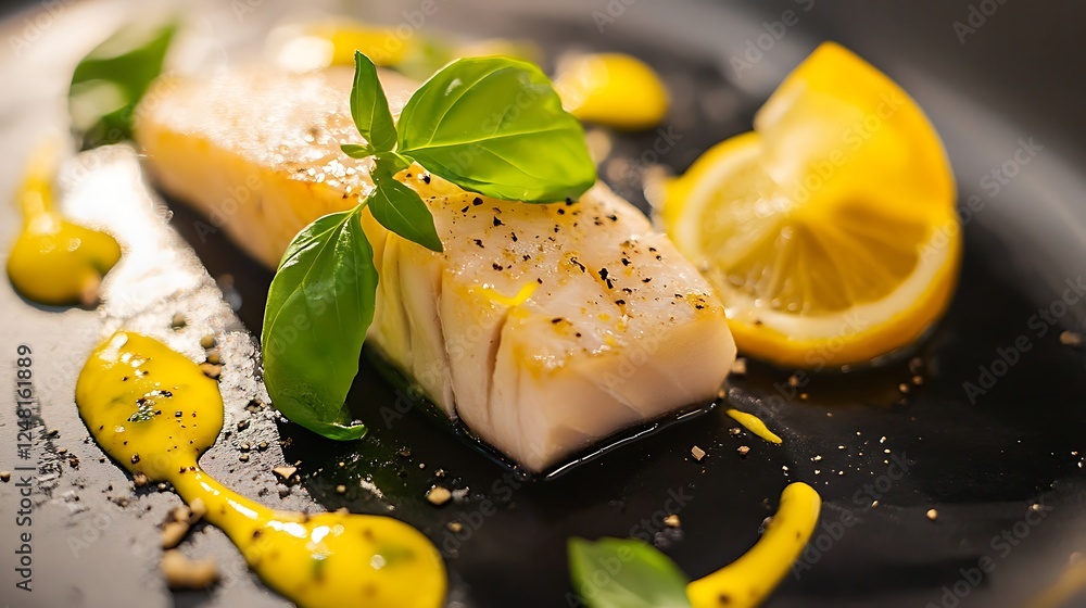 Fresh and deliciously prepared mackerel tenderloin with lemons and basil