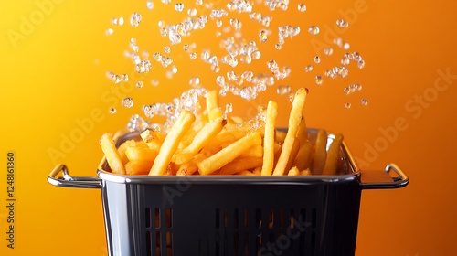 Obraz na płótnie French fries cooking in deep fryer on electric stove isolated on a colorful background w salonie