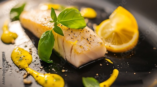 Obraz na płótnie Fresh and deliciously prepared mackerel tenderloin with lemons and basil w salonie