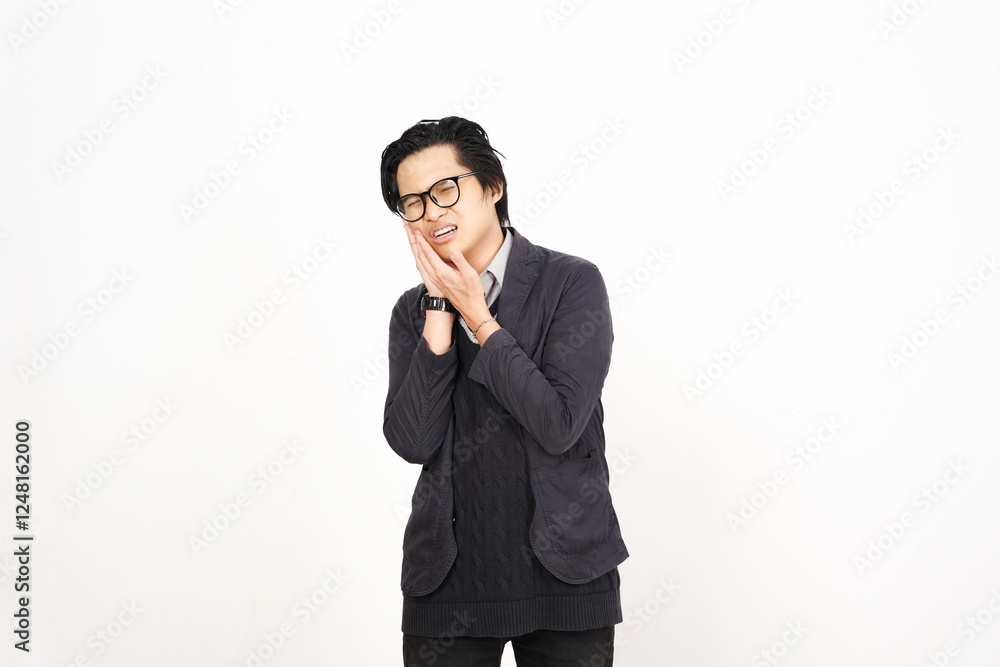 Hand on Cheek suffering toothache Of Handsome Asian Man Isolated On White Background Hand on Cheek suffering toothache Of Handsome Asian Man Isolated On White Background