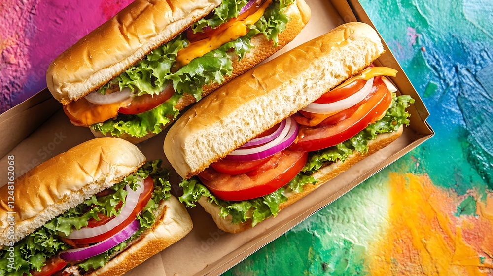 Fresh burgers and sandwich meal isolated on a colorful background