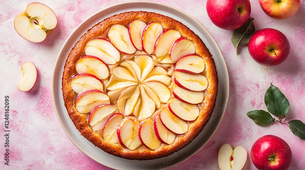 Fresh baked apple cake soft and moist with sliced apples isolated on a colorful background