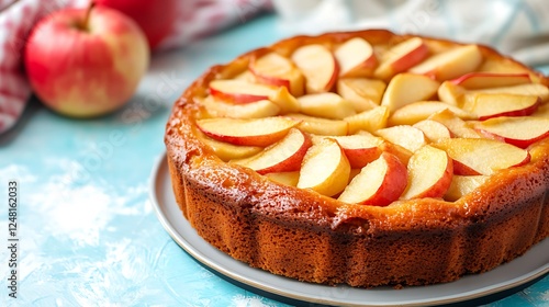 Obraz na płótnie Fresh baked apple cake soft and moist with sliced apples isolated on a colorful background w salonie