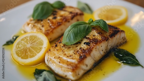 Obraz na płótnie Fresh and deliciously prepared mackerel tenderloin with lemons and basil w salonie