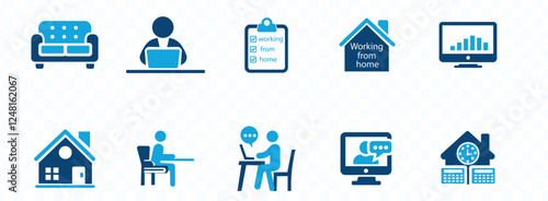 Working from home icon set. Containing remote work, work online, freelancing, home office, digital nomad, portfolio and more.