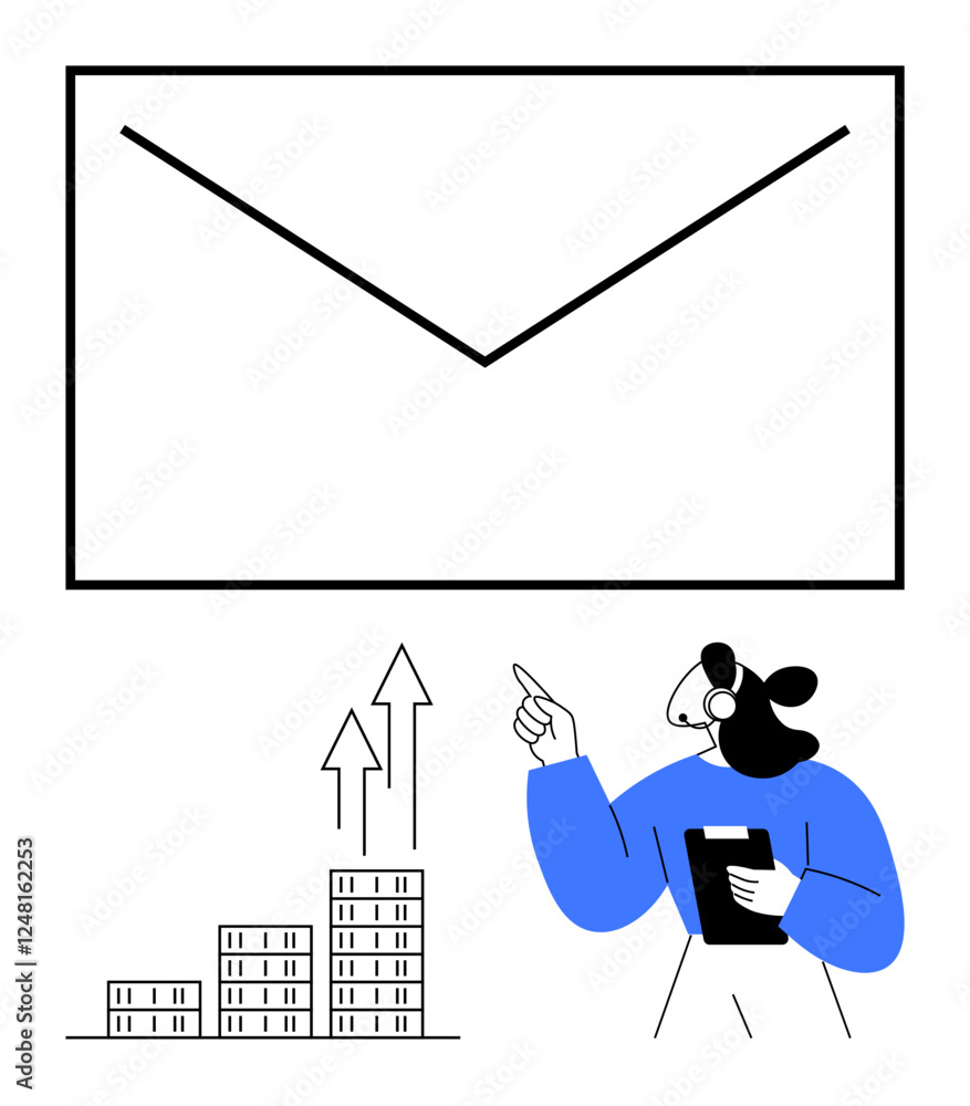 Oversized envelope symbolizes email, bar graph with arrows indicates growth, professional woman holds clipboard and gestures. Ideal for communication, growth, strategy, marketing, business ideas Oversized envelope symbolizes email, bar graph with arrows indicates growth, professional woman holds clipboard and gestures. Ideal for communication, growth, strategy, marketing, business ideas