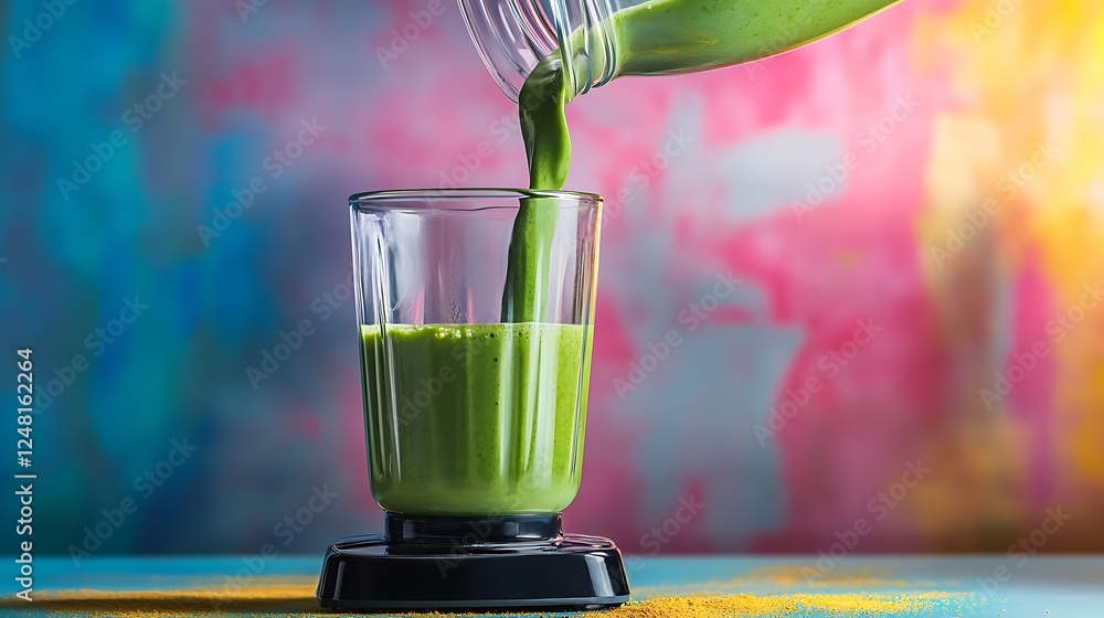 Fresh green smoothie pouring from blender into glass isolated on a colorful background