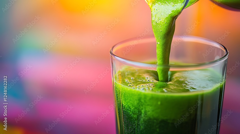 Fresh green smoothie pouring from blender into glass isolated on a colorful background