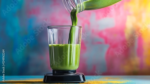 Obraz na płótnie Fresh green smoothie pouring from blender into glass isolated on a colorful background w salonie