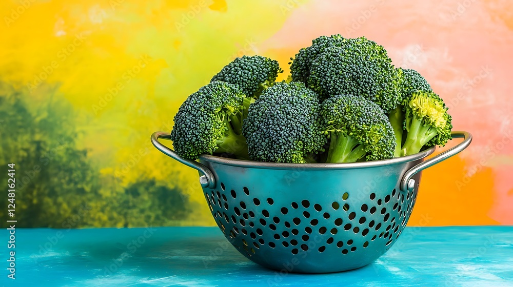 Fresh organic broccoli with onion in an old metal colander isolated on a colorful background