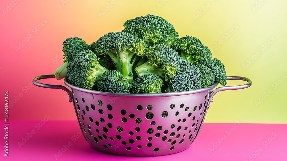 Fresh organic broccoli with onion in an old metal colander isolated on a colorful background