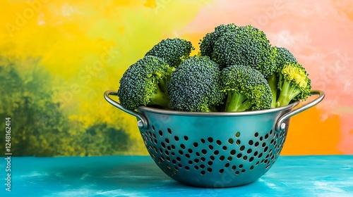 Obraz na płótnie Fresh organic broccoli with onion in an old metal colander isolated on a colorful background w salonie