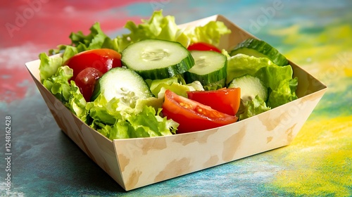 Obraz na płótnie Fresh green salad with tomatoes and cucumbers in a paper container isolated on a colorful background w salonie