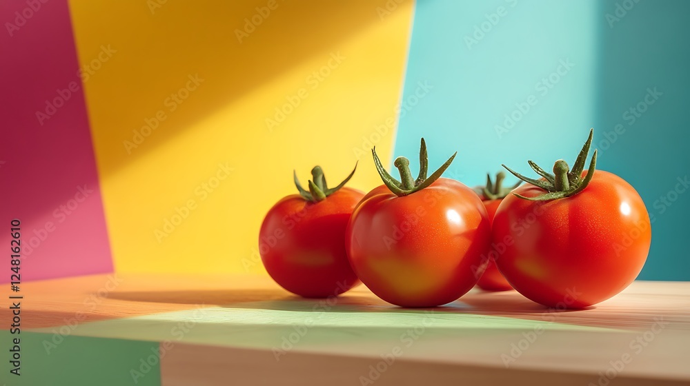 Fresh ripe red tomatoes on wooden table isolated on a colorful background