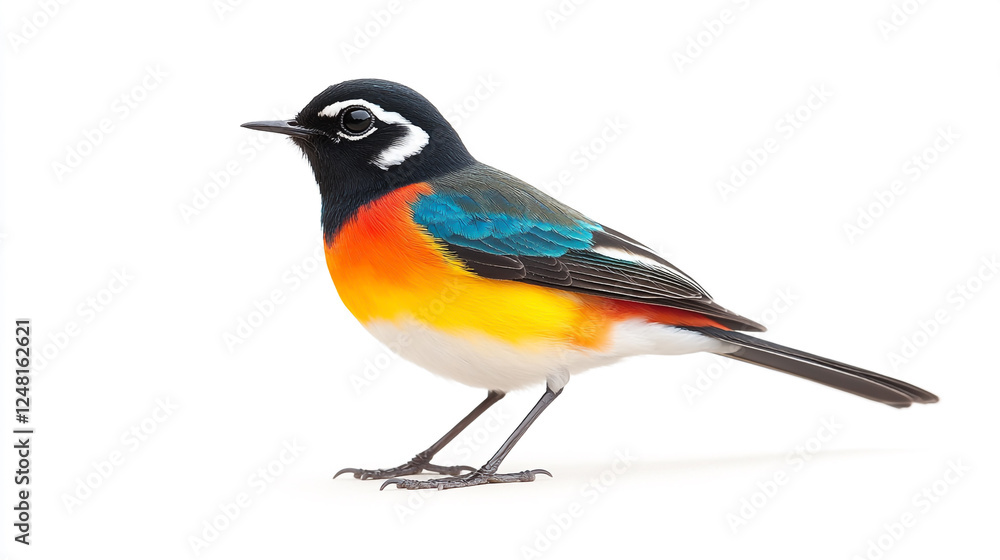 Fototapeta premium Side view of a vibrant Wagtail bird with full color, set against a clean white background, perfect for birdwatching enthusiasts and nature-themed design project