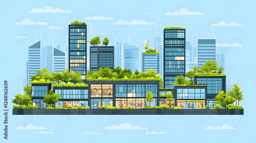 Fototapeta premium Modern green buildings with greenery on rooftops against a blue sky and city skyline in the background