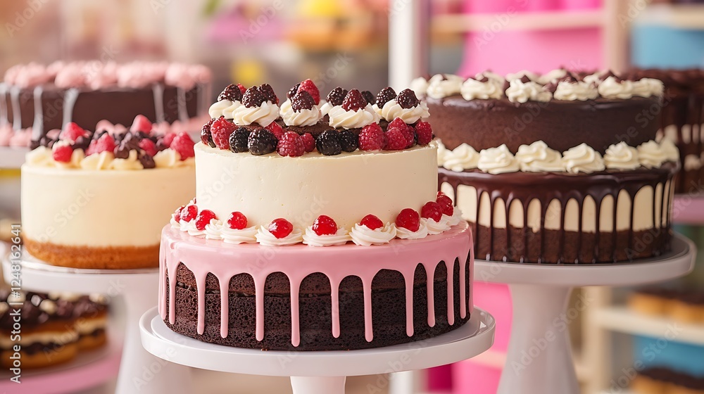 Freshly cakes on a counter top in a bakery isolated on a colorful background