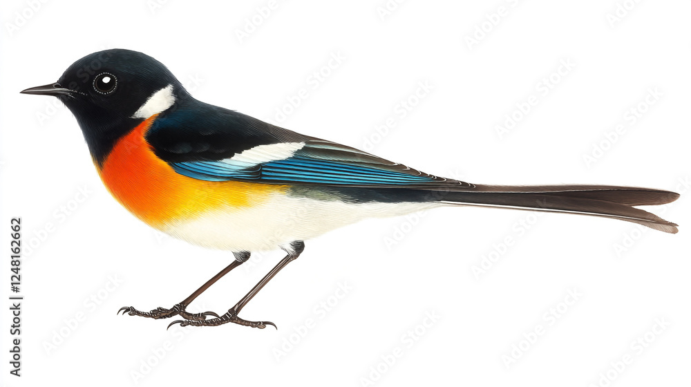 Fototapeta premium Side view of a vibrant Wagtail bird with full color, set against a clean white background, perfect for birdwatching enthusiasts and nature-themed design project