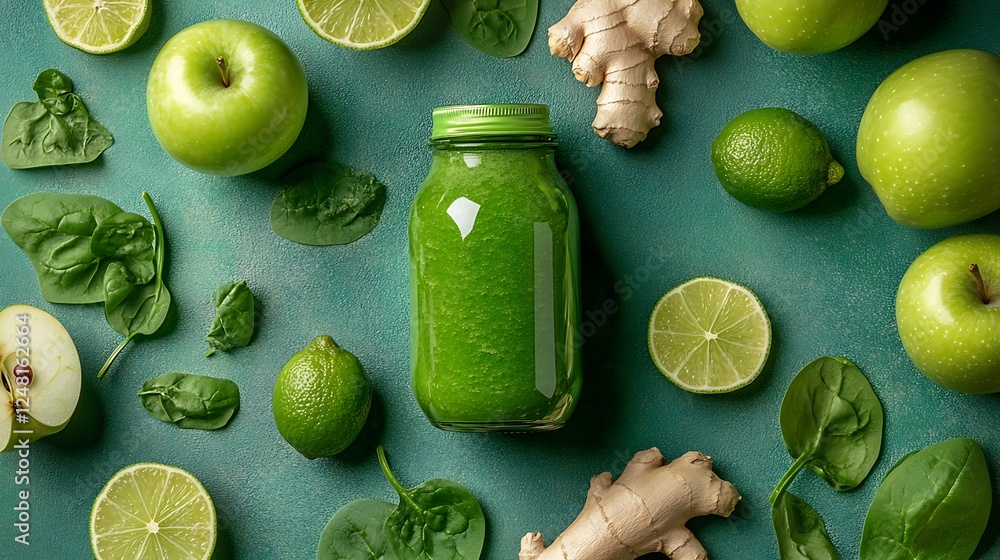 Fresh organic ingredients for preparing a green smoothie drink spinach apple lime ginger isolated on a colorful background