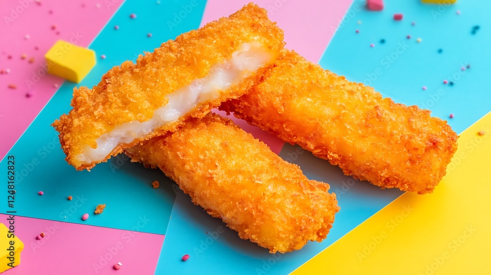 Freshly fried fish fingers isolated on a colorful background