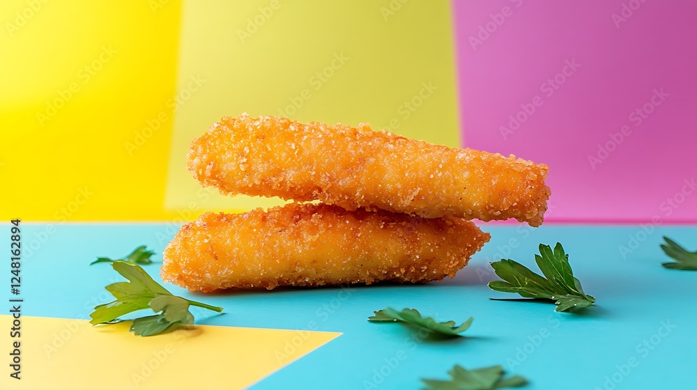 Freshly fried fish fingers isolated on a colorful background
