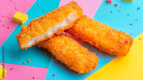 Obraz na płótnie Freshly fried fish fingers isolated on a colorful background w salonie