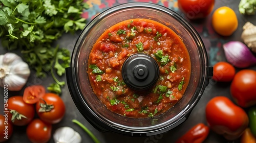Obraz na płótnie Freshly made blender salsa in a food processor bowl surrounded by ingredients isolated on a colorful background w salonie