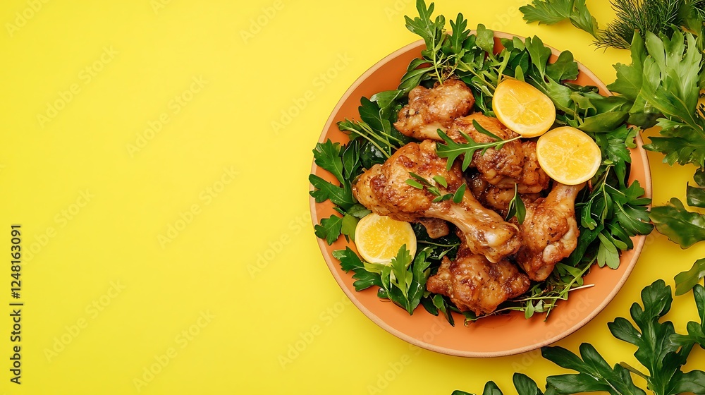 Fried chicken and pork with herbs is another menu that is popular because it is delicious isolated on a colorful background