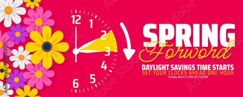 Spring Forward concept 2025 background or banner design. Daylight Saving Time Starts background and cartoon doodle style with clock design.