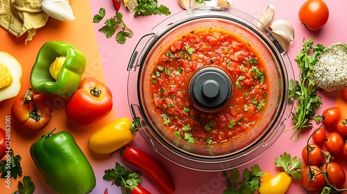 Obraz na płótnie Freshly made blender salsa in a food processor bowl surrounded by ingredients isolated on a colorful background w salonie