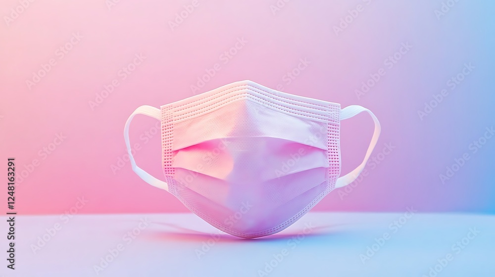Front view of a pinkish surgical mask against a isolated colorful backdrop