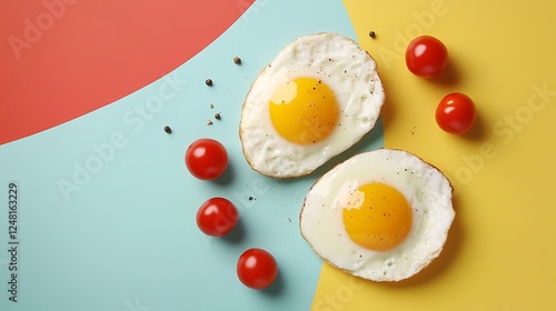 Obraz na płótnie Fried eggs with cherry tomatoes excellent breakfast isolated on a colorful background w salonie