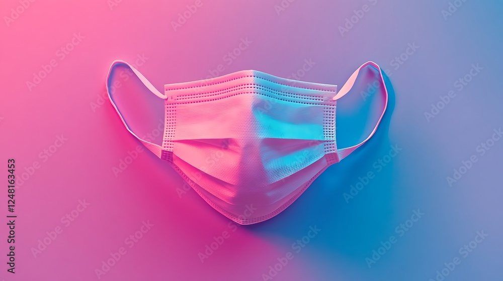 Front view of a pinkish surgical mask against a isolated colorful backdrop