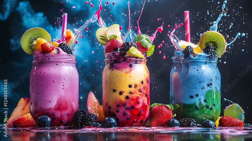 Fruit adorned jars filled with vibrant juicy shakes that splatter liquid