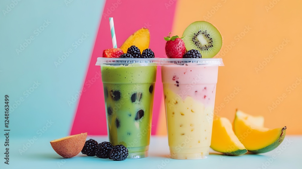 Fruit smoothy in plastic cup with iced matcha latte on plastic cup isolated on a colorful background