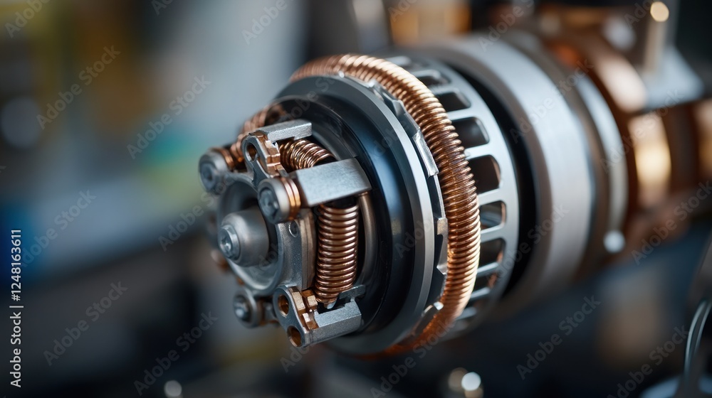Electric motor rotor with worm gear, ball bearings and inductor on gray background, AI generated image Electric motor rotor with worm gear, ball bearings and inductor on gray background, AI generated image