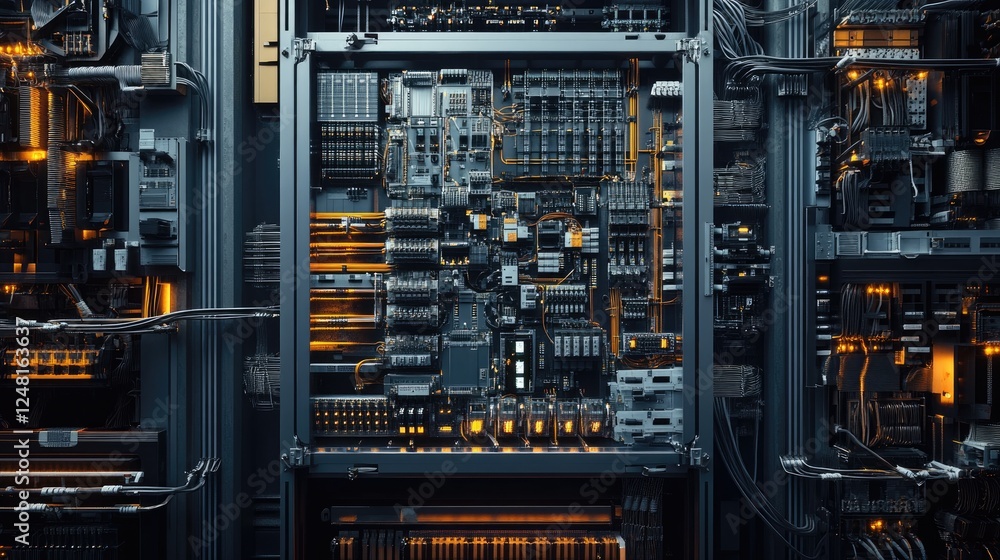 Detailed shot of an electrical cabinet with complex wiring and components, symbolizing the advanced infrastructure and technology crucial for efficient industrial manufacturing. Detailed shot of an electrical cabinet with complex wiring and components, symbolizing the advanced infrastructure and technology crucial for efficient industrial manufacturing.