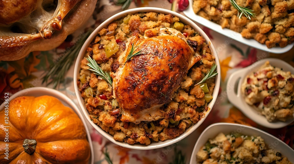 Full homemade thanksgiving dinner with stuffing veggies isolated on a colorful background