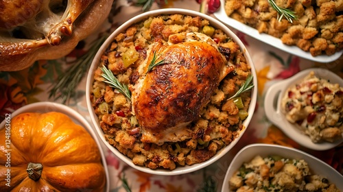 Obraz na płótnie Full homemade thanksgiving dinner with stuffing veggies isolated on a colorful background w salonie