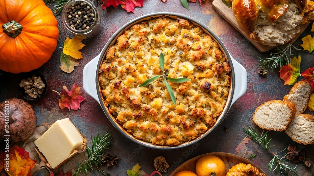 Full homemade thanksgiving dinner with stuffing veggies isolated on a colorful background