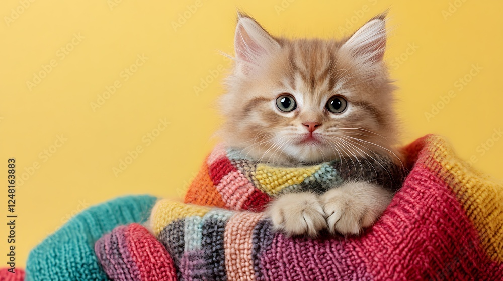 Fuzzy kitten in a patchwork scarf isolated on a colorful background