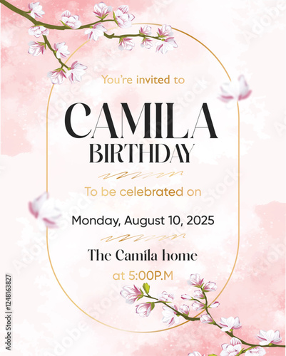 happy Birthday invitation card design pink background  template 