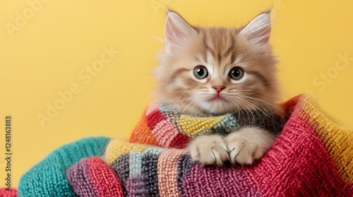 Obraz na płótnie Fuzzy kitten in a patchwork scarf isolated on a colorful background w salonie